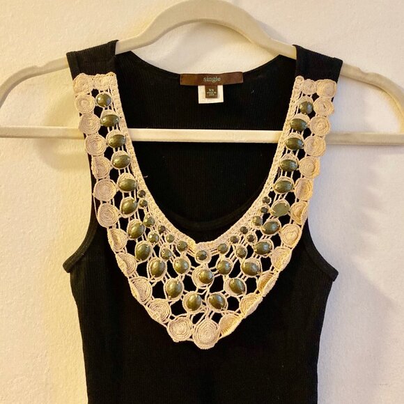 Black Tank Top With Tan Crochet Metal Beaded Bib Boho Size XS - Picture 3 of 10